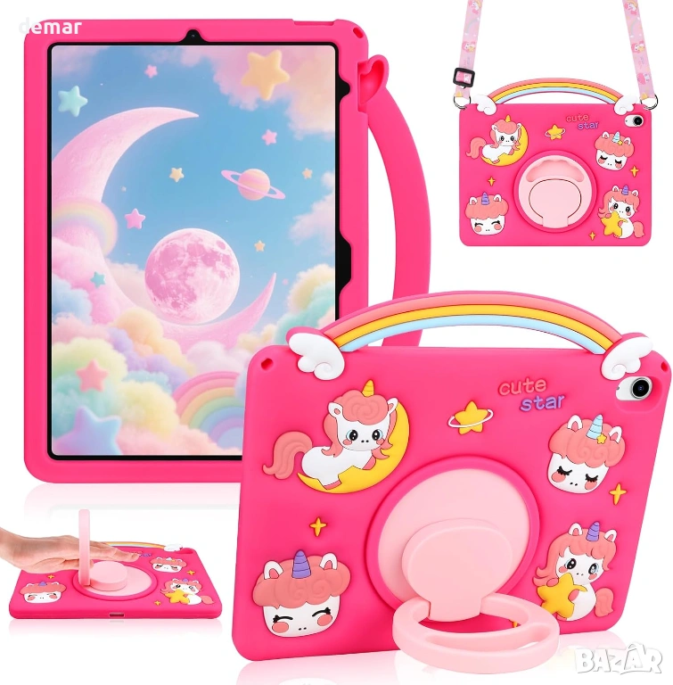 Силиконов калъф Vofolen за iPad A16, детски, 11 инча 2025, 10.9 инча 2022,въртяща се стойка и каишка, снимка 1