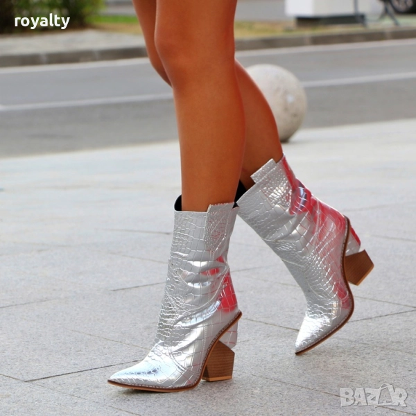 Боти на ток - сребриста кожа , снимка 1