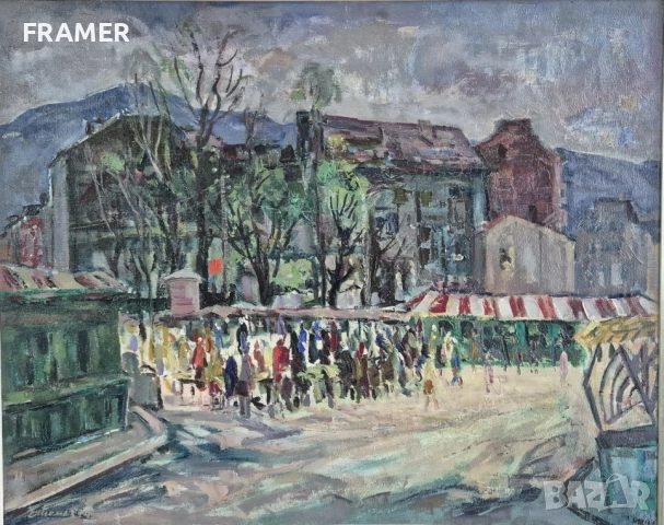Евгени Томов /1934-2006/ Женскиат пазар София 1974 пейзаж масло, снимка 2 - Картини - 39814797
