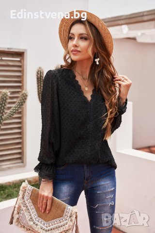 Дамска блуза в черно с дълъг ръкав и принт на точки, снимка 3 - Блузи с дълъг ръкав и пуловери - 42766770