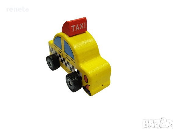 Играчка количка, Такси, Дървена, Жълта, 10х5 см, снимка 2 - Коли, камиони, мотори, писти - 37742924