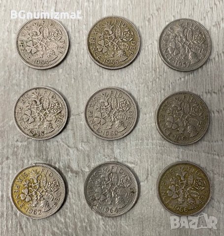 SIX PENCE /  6 пенса - Великобритания - Лот от 9 монети различни години, снимка 3 - Нумизматика и бонистика - 34950378