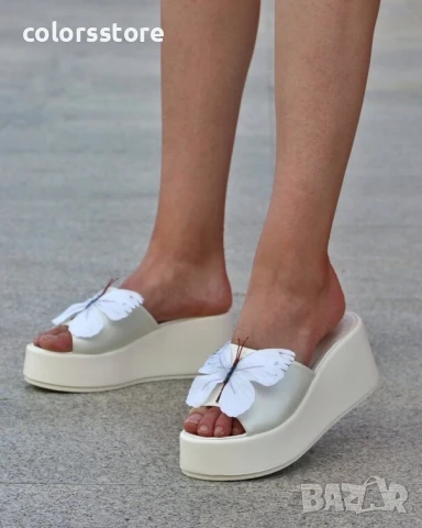 Чехли на платформа - бяла перла с пеперуда - CL765

