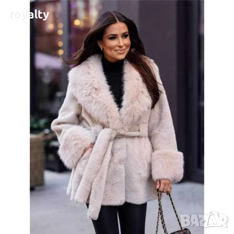 Дамско еко-палто с колан и шал яка