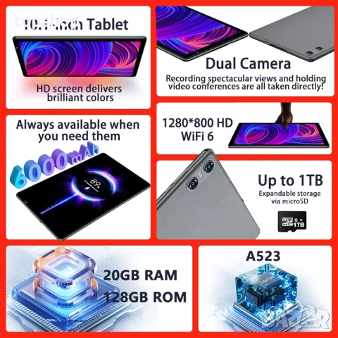 НОВ Таблет Skyegg K13 – Android 14 / 20GB RAM / 128GB Памет + КЛАВИАТУРА и МИШКА  , снимка 5 - Таблети - 53366812