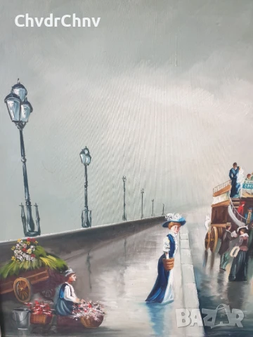 92х71см/стара голяма картина масло върху платно/градски пейзаж-Лондон-мост-карета/дървена рамка, снимка 4 - Картини - 50953397