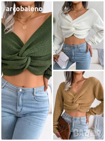 Дамски плетен пуловер с дълъг ръкав и отворен пъп, 3цвята 
