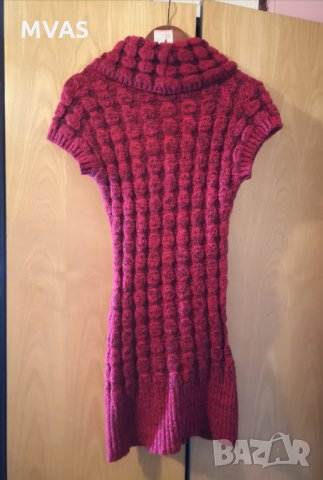 Дълъг пуловер рокля с яка червен S размер, снимка 2 - Блузи с дълъг ръкав и пуловери - 30980819