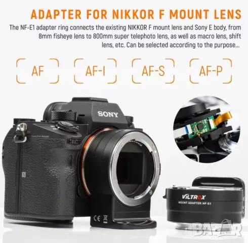 Адаптер Viltrox за Nikon F обективи към Sony E тяло, снимка 1
