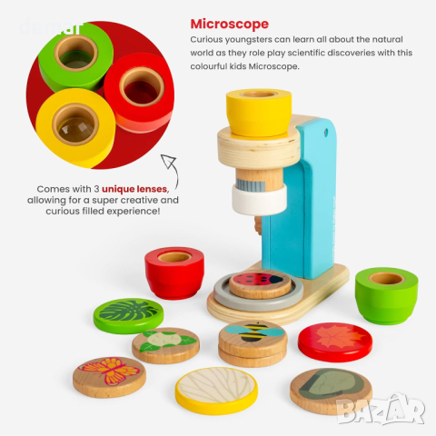 Bigjigs Toys Дървена играчка микроскоп от 14 части с 3 лещи, образователна играчка за малки деца, снимка 5 - Образователни игри - 44737638