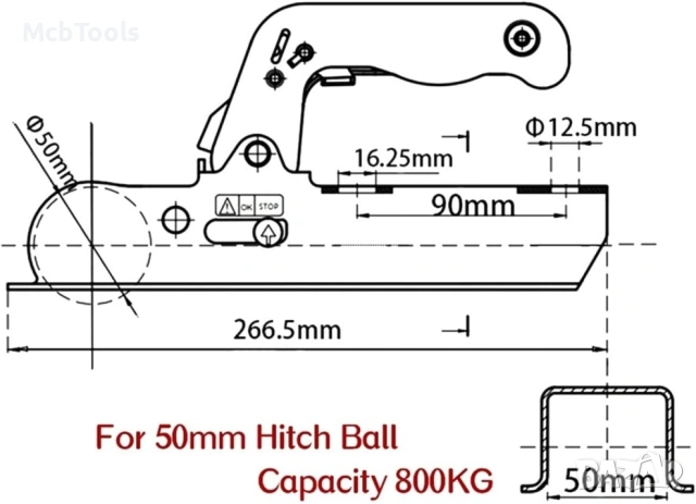 Заключваща лапа квадрат за теглич на ремарке 50мм 800кг, снимка 2 - Ремаркета - 54176961