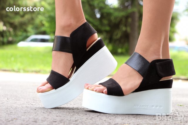 Сандали на платформа - черен велур, бяло ходило, снимка 2 - Сандали - 33420577