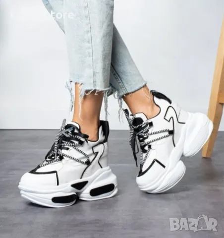 Кецове на платформа - бяло с черно - PA400, снимка 2 - Кецове - 47759009