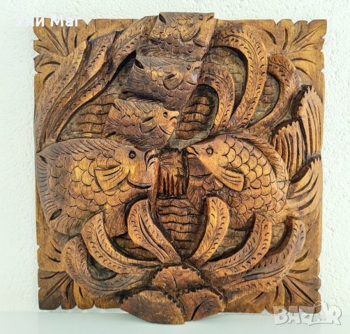 Пано дърворезба РИБИ - ръчна изработка, сувенир, декорация, украса, снимка 1