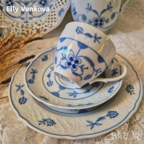 Порцеланов сервиз Schumann с декор "сламенто цвете" в кобалтово син цвят, снимка 6 - Сервизи - 52860559