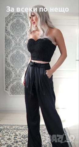 Дамски Елегантен Комплект – Бюстие Топ И Сатенирани Широки Панталони - 3 Цвята Код S346, снимка 2 - Комплекти - 52437538