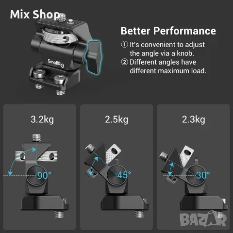 НоваSMALLRIG стойка за монитор за камера с 1/4" винтове, въртене на 360° и регулируем наклон на 180°, снимка 4 - Чанти, стативи, аксесоари - 56139952