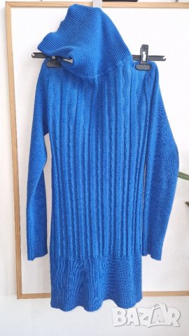Дамска блуза С, М плетиво пуловер туника синя издължена поло яка без следи от употреба