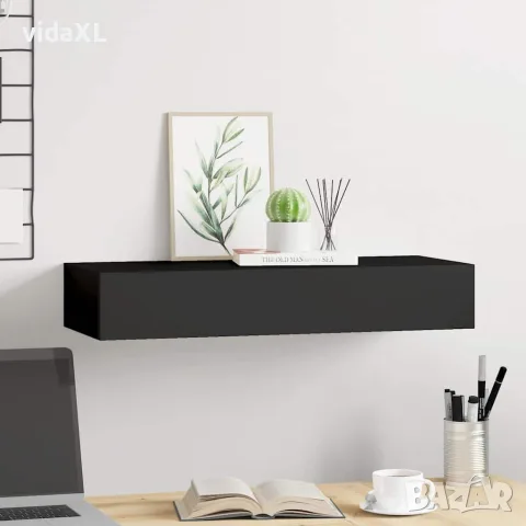 vidaXL Стенен рафт с чекмедже, черен, 60x23,5x10 см, МДФ, снимка 3 - Етажерки - 56146919