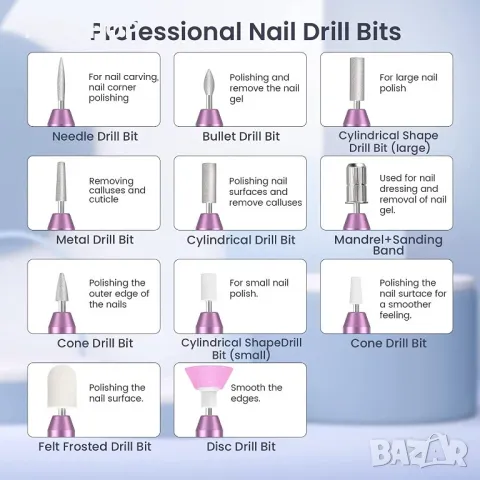 Професионални пили за нокти 20 000 RPM,11 свредла,комплект за маникюр и педикюрс регулируема скорост, снимка 3 - Маши за коса - 48647772