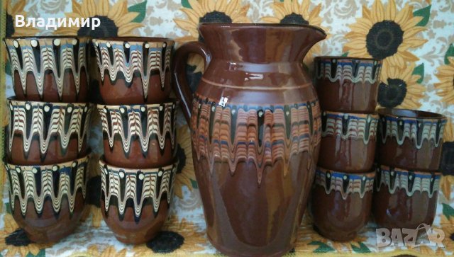 Троянска битова керамика - комплект кана 1 л., 6 бр.чаши 150 мл., 5 бр. чаши 100 мл.