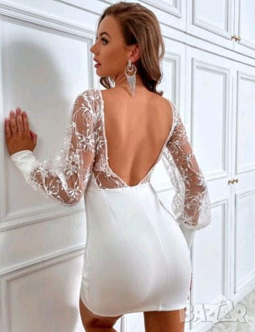 Уникална бяла рокля елегантна кръщене пайети дантела, снимка 4 - Рокли - 35335552