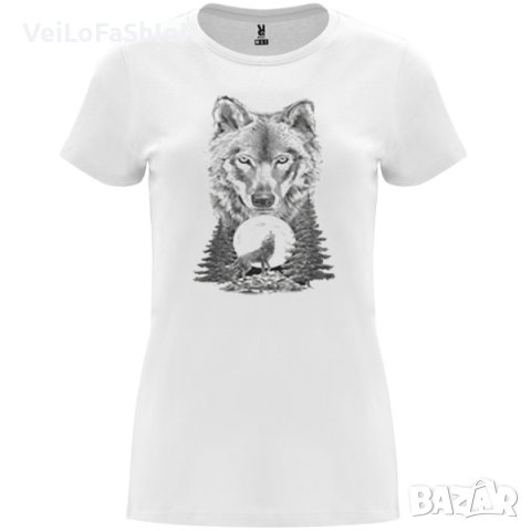 Нова дамска тениска с Вълк - Пълнолуние в бял цвят