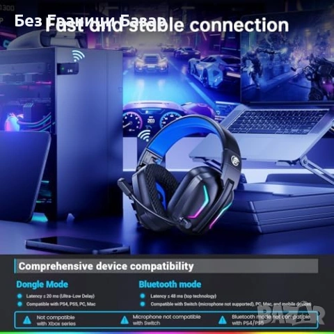 Нови геймърски Слушалки за PS5/PS4/PC/Switch 2.4G USB-C донгъл 3D стерео 280g, снимка 4 - Слушалки и портативни колонки - 53369778