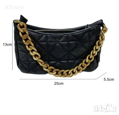 Стилна черна ватирана чанта със златиста дръжка тип едър синджир, снимка 5 - Чанти - 52583022