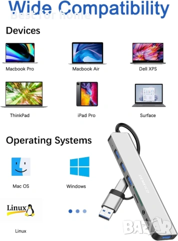 USB 3.0 Адаптер 7-в-1 DEMKICO – С вграден аудио жак и четец за карти