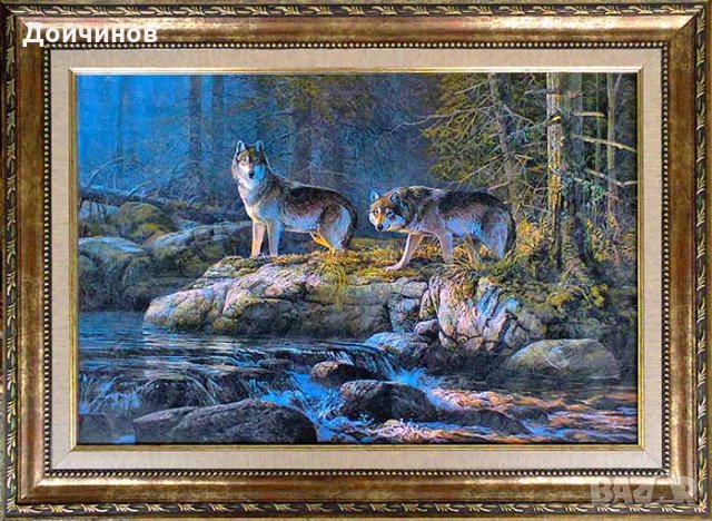 Пейзаж с вълци край река, картина, снимка 1