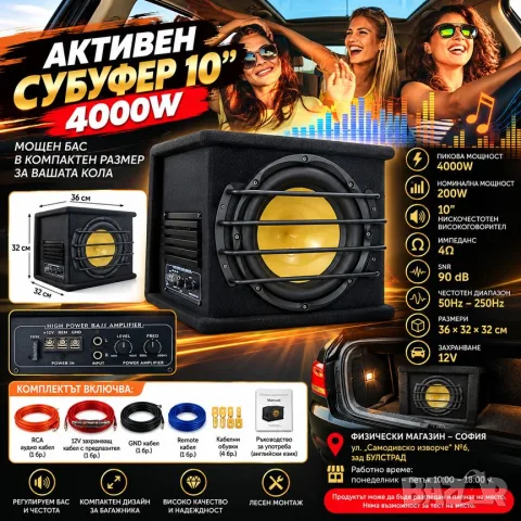 Компактна бас каса 4000W за кола - 10субуфер с интегриран усилвател + окабеляване 