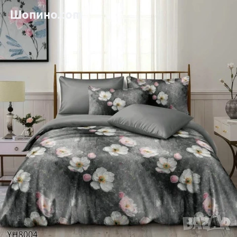 Флорални десени от памучен сатен с ластик, 4 части   4 части, двоен комплект С ЛАСТИК, снимка 5 - Спално бельо - 54068590