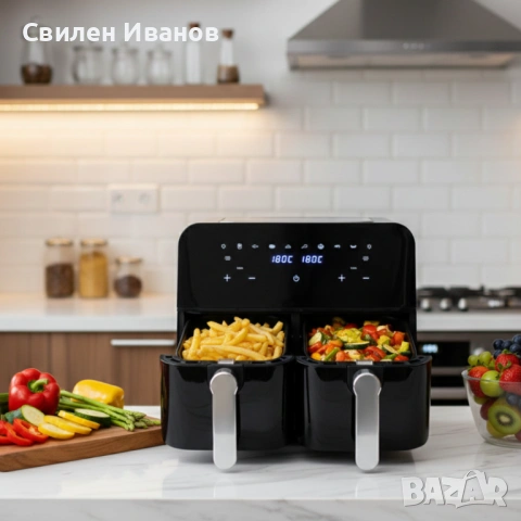 Двоен фритюрник с горещ въздух Cheffinger 9 л  с дигитален дисплей, стъклен прозорец и 360° циркулац, снимка 5 - Фритюрници - 53187000