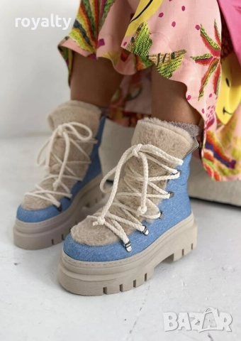 Боти на платформа - бежово със синьо, снимка 3 - Дамски боти - 52162764