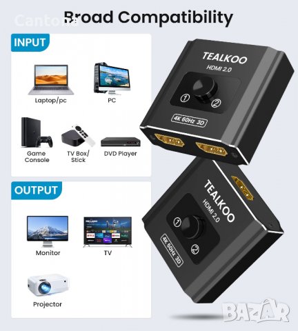   4K @60HZ HDMI сплитер-алуминиев двупосочен, 2 x 1/1 x 2, HDCP2.2 4K 3D за Xbox PS, РС, HDTV, снимка 2 - Части и Платки - 37795067