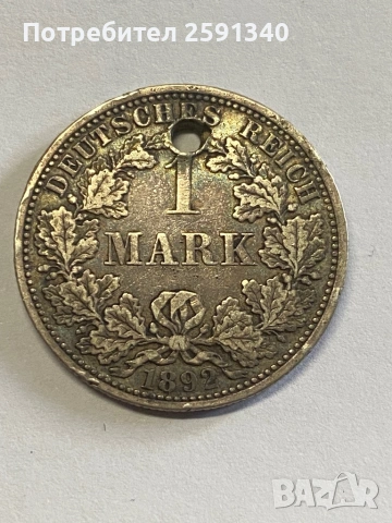 Германия 1 марка 1892 сребро 0,900, снимка 2 - Нумизматика и бонистика - 54340264