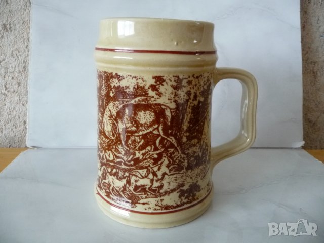 Стара керамична халба за бира с ловни мотиви българска елен ловец , снимка 3 - Други ценни предмети - 37375049