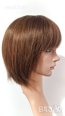 Естествена къса кафява перука с бретон, снимка 5 - Аксесоари за коса - 53148847