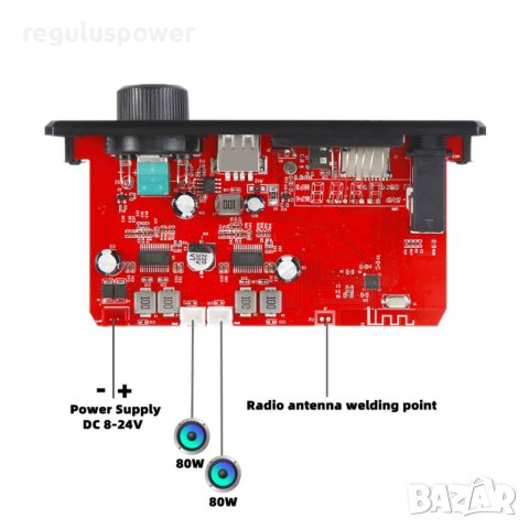 МП 3 плеър за вграждане 2*80W с Bluetooth 5.0, DC 8V-24V, Ouf 5V/2A, 6.35 мм in MIC, 3.5 mm out, снимка 8 - Аудиосистеми - 40549761