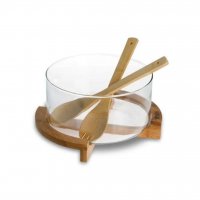 Купа за салата с бамбукова поставка и прибори, снимка 1 - Аксесоари за кухня - 38420767