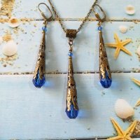Разкошен комплект бижута в кралско синьо и филигранни орнаменти в цвят бронз , снимка 1 - Бижутерийни комплекти - 37604964