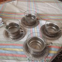 Чаши за кафе чай-стъклени с подстаканче и чинийка, снимка 1 - Сервизи - 42299606