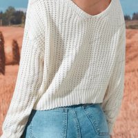 Ежедневен дамски пуловер с V-образно деколте и дълги ръкави - 023, снимка 3 - Блузи с дълъг ръкав и пуловери - 38869987
