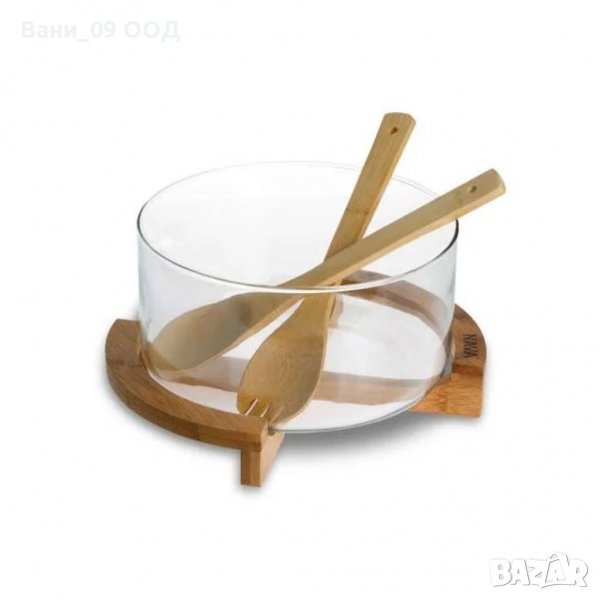 Купа за салата с бамбукова поставка и прибори, снимка 1