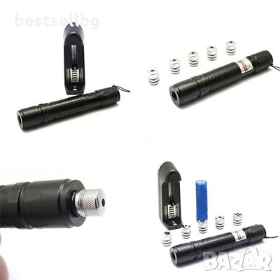 Мощен зелен акумулаторен лазер пойнтер 500mW приставки точка лъч фенер, снимка 1