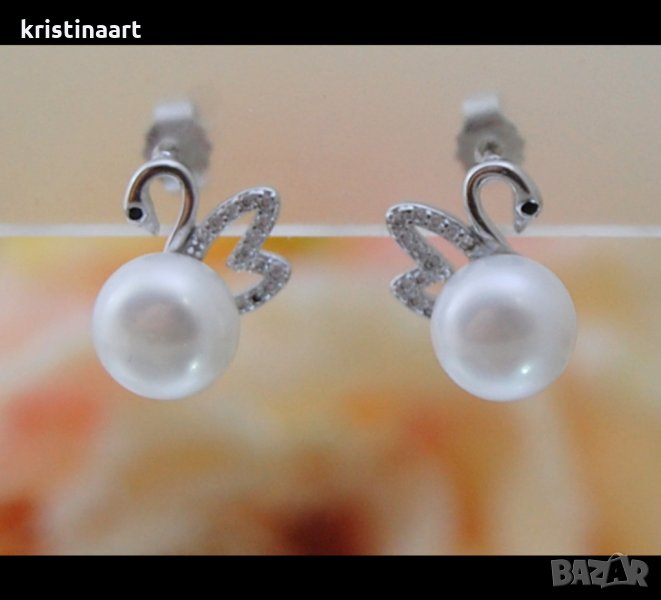 Сребърни обеци *Лебед* от бели естествени перли, снимка 1