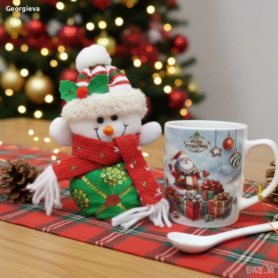 Празничен подаръчен комплект с чаша, лъжичка и снежен човек – готов за подаряване, снимка 1