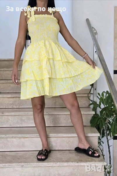 Дамска Жълта Къса Лятна Еластична Рокля С Воали Код VL-100, снимка 1