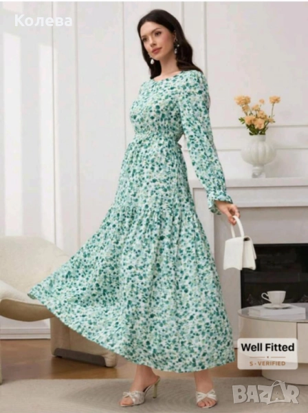 Шарена зелена рокля с дълъг ръкав, снимка 1